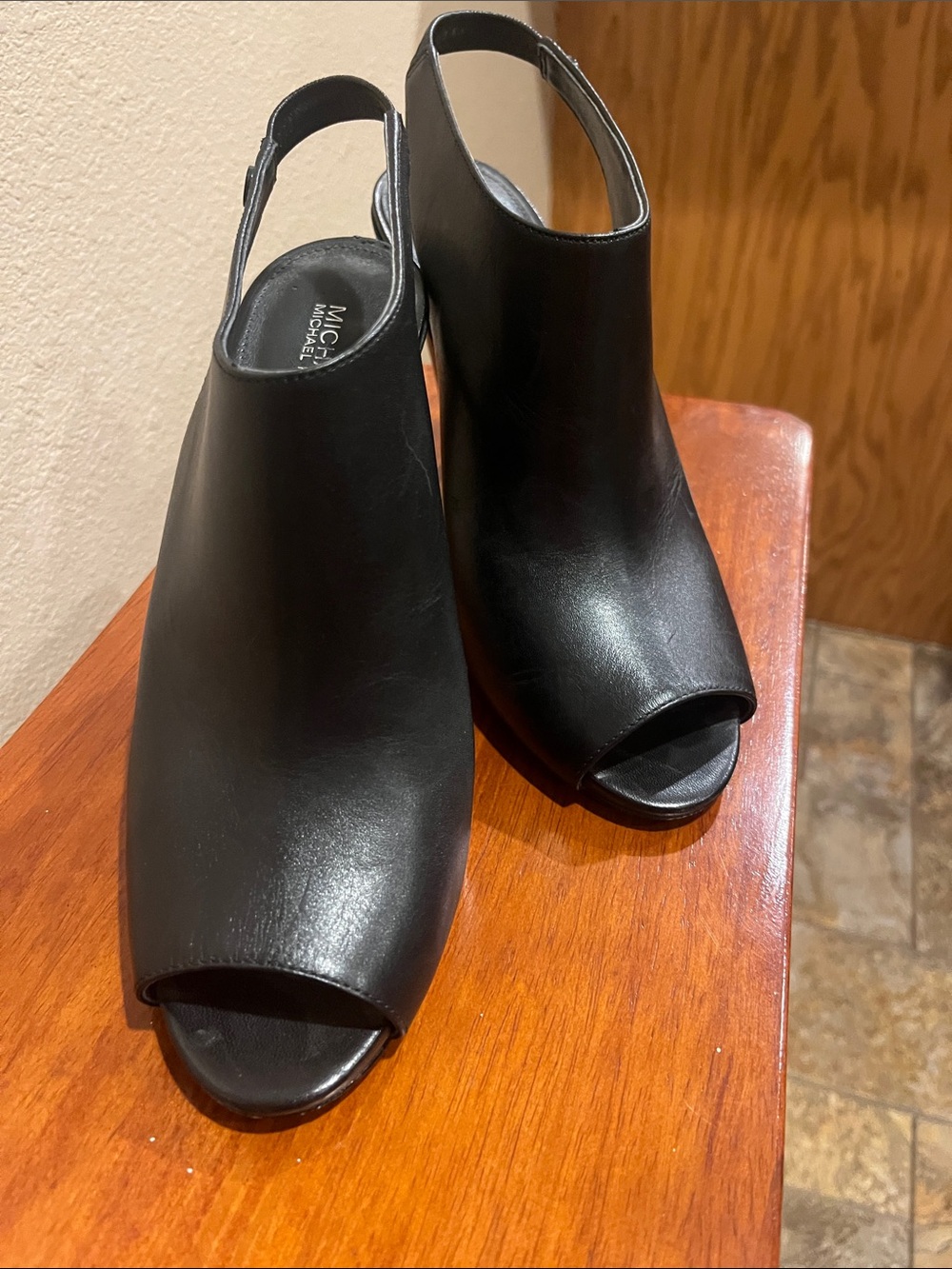 Michael Kors Black Leather Peep-Toe Slingback Heels with Cutout Sides